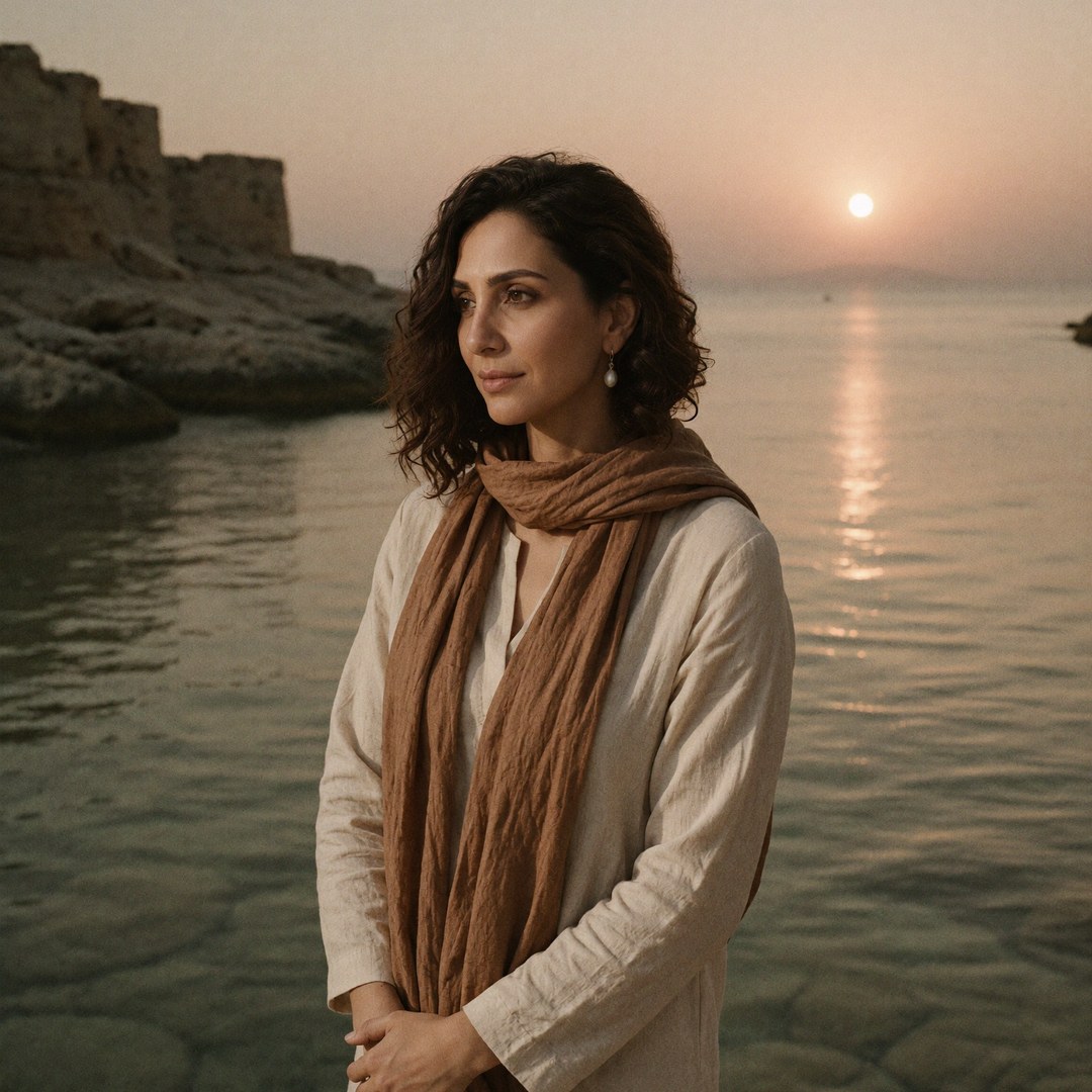 Raneem Rawi by the shore at sunset