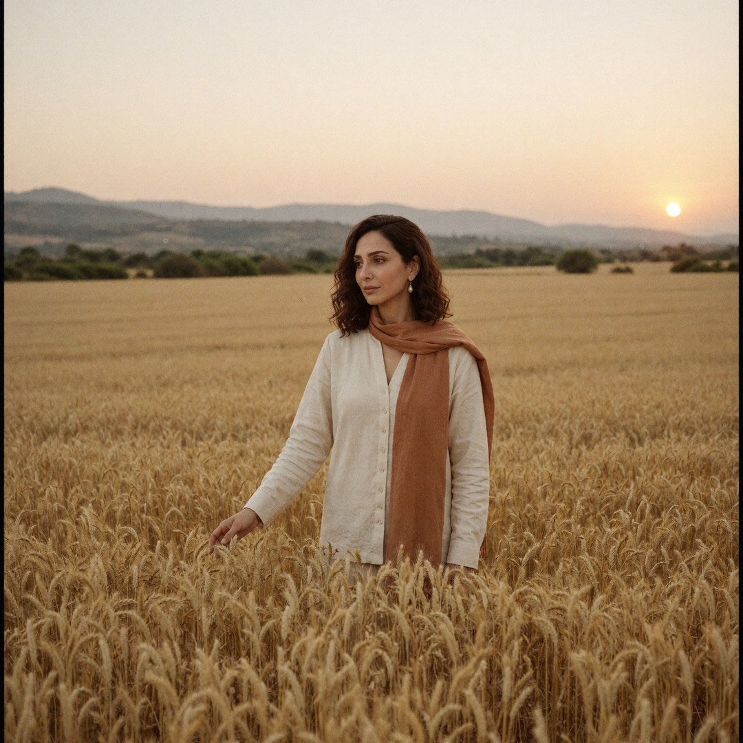 Raneem Rawi in a wheat field at sunset